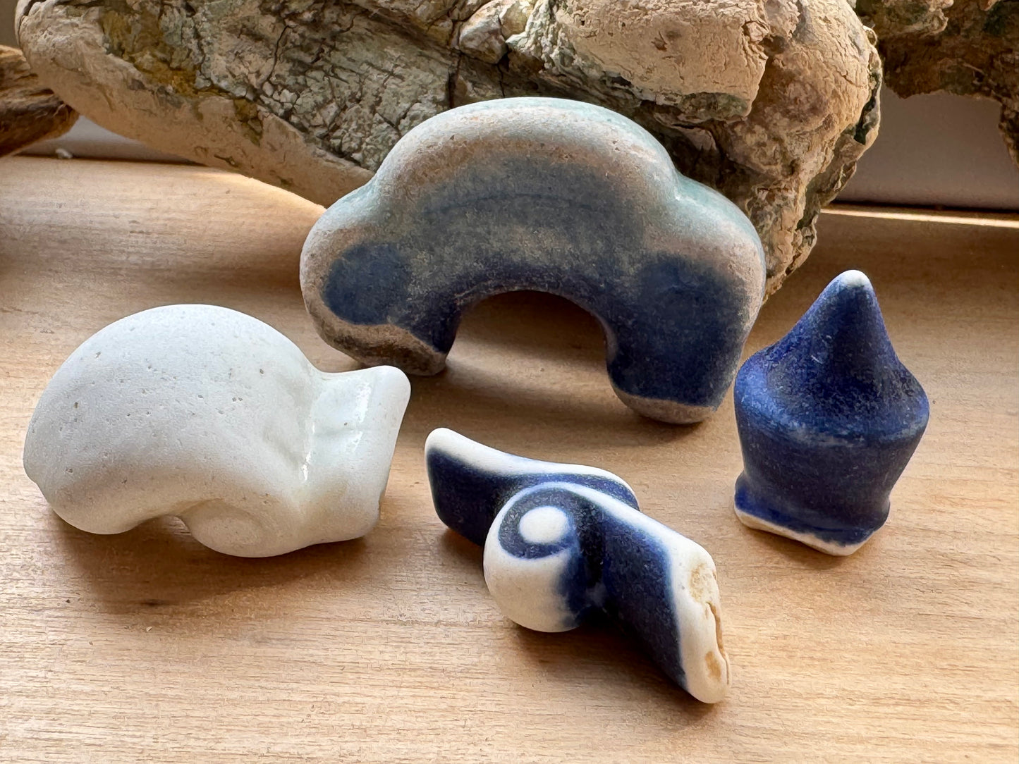 Authentic Japanese Sea Pottery Set #064 – Blue & White Ocean Tumbled Ceramic, Beach Found Pieces, Collector Craft Supply