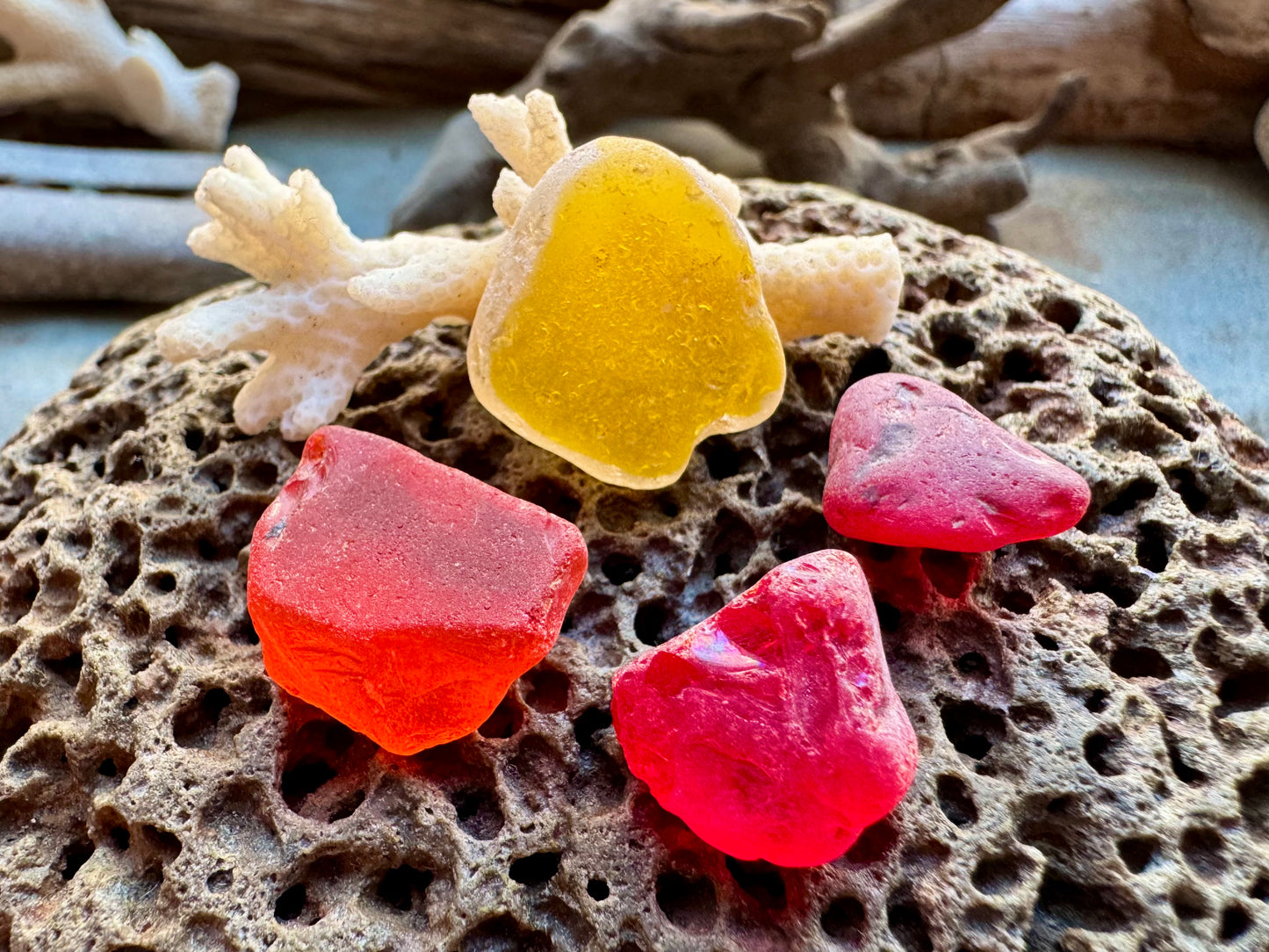 Red & Amber Sea Glass Set B2961 – Genuine Beach Found Sea Glass Pieces for Jewelry Making (4 pcs)