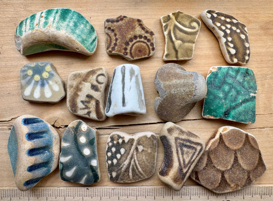 Authentic Sea Pottery Set #056 – 14 pcs Ocean Tumbled Ceramic Beach Found Pieces