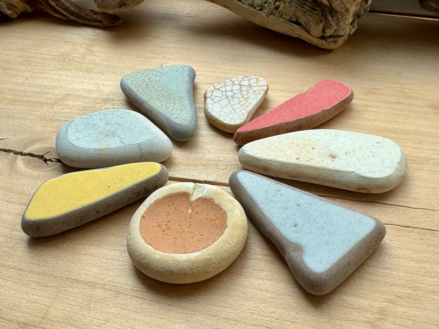 Sea Pottery Pieces Mix (8 pcs) #059 – Beach Found Ceramic Shards for Crafts, Jewelry Making, Mosaic & Wabi Sabi Decor