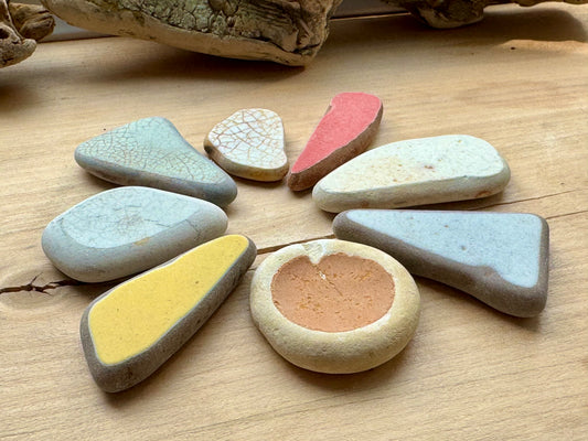 Sea Pottery Pieces Mix (8 pcs) #059 – Beach Found Ceramic Shards for Crafts, Jewelry Making, Mosaic & Wabi Sabi Decor