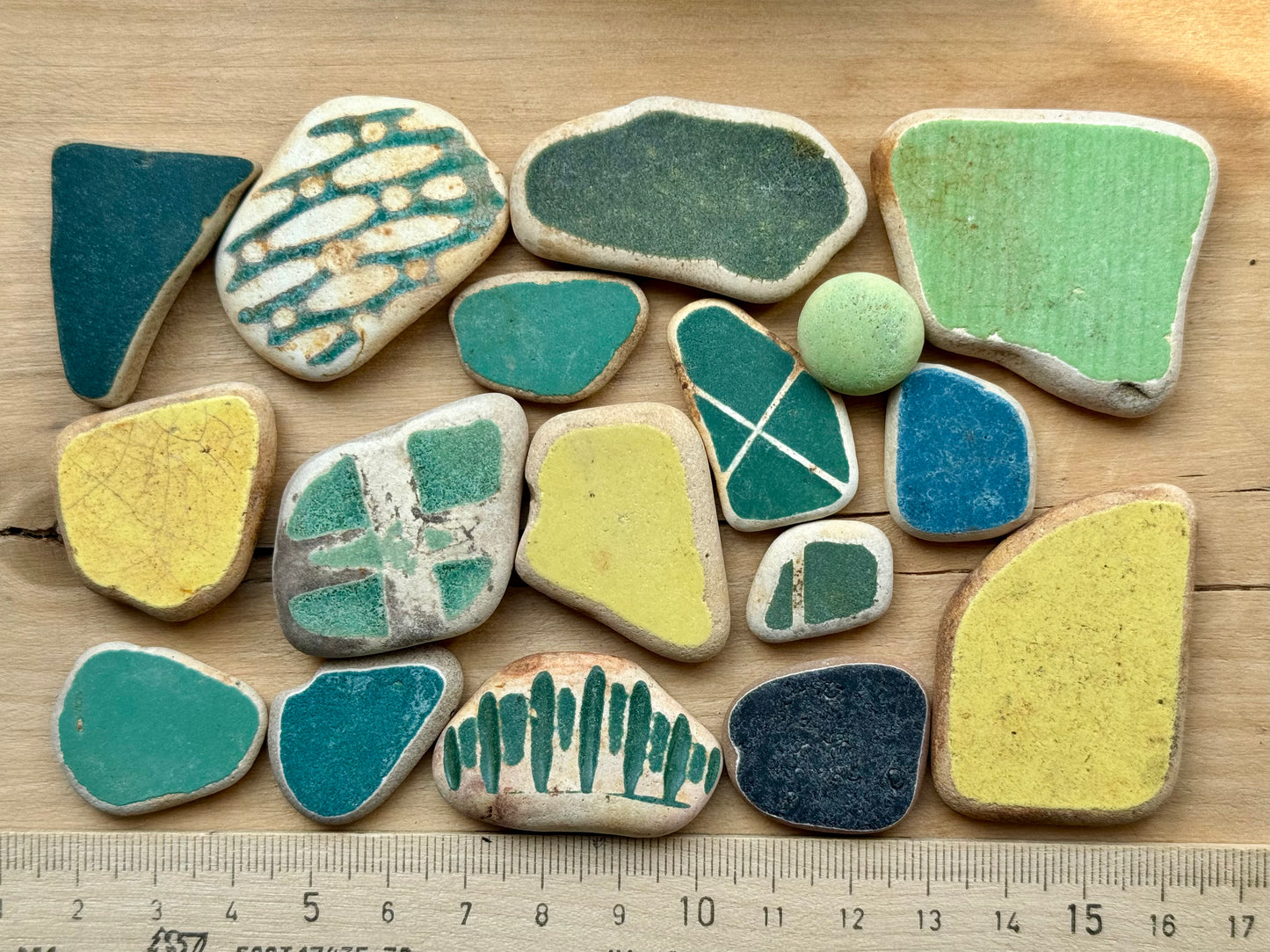 Japanese Sea Pottery Mix 17 pcs #062 – Blue & Green Beach Pottery Shards for Jewelry, Crafts & Mosaic