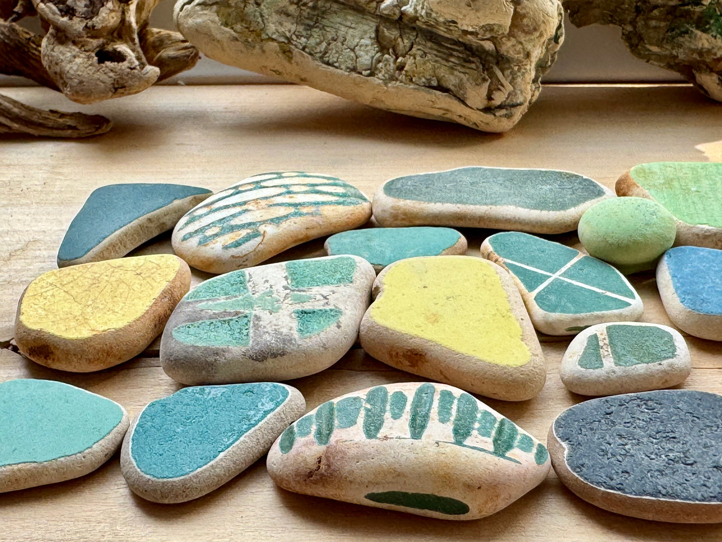 Japanese Sea Pottery Mix 17 pcs #062 – Blue & Green Beach Pottery Shards for Jewelry, Crafts & Mosaic