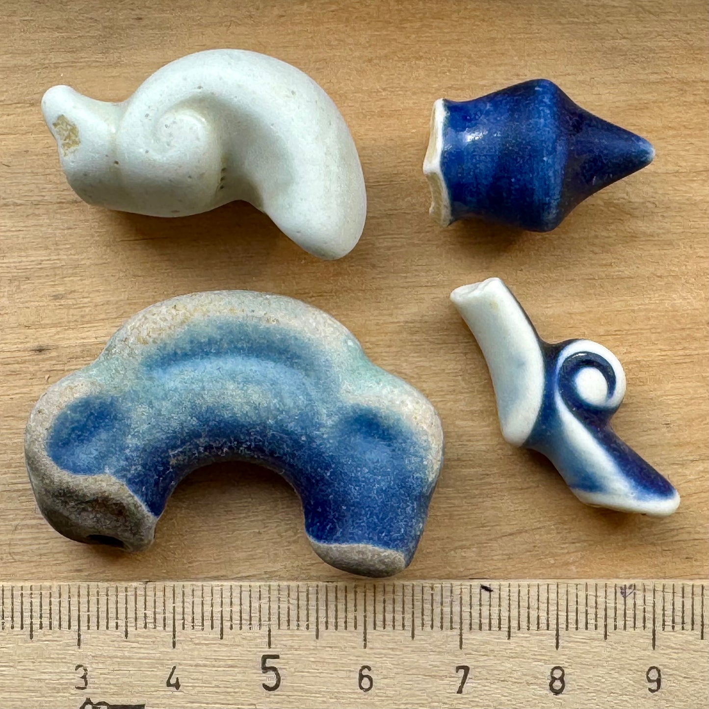 Authentic Japanese Sea Pottery Set #064 – Blue & White Ocean Tumbled Ceramic, Beach Found Pieces, Collector Craft Supply