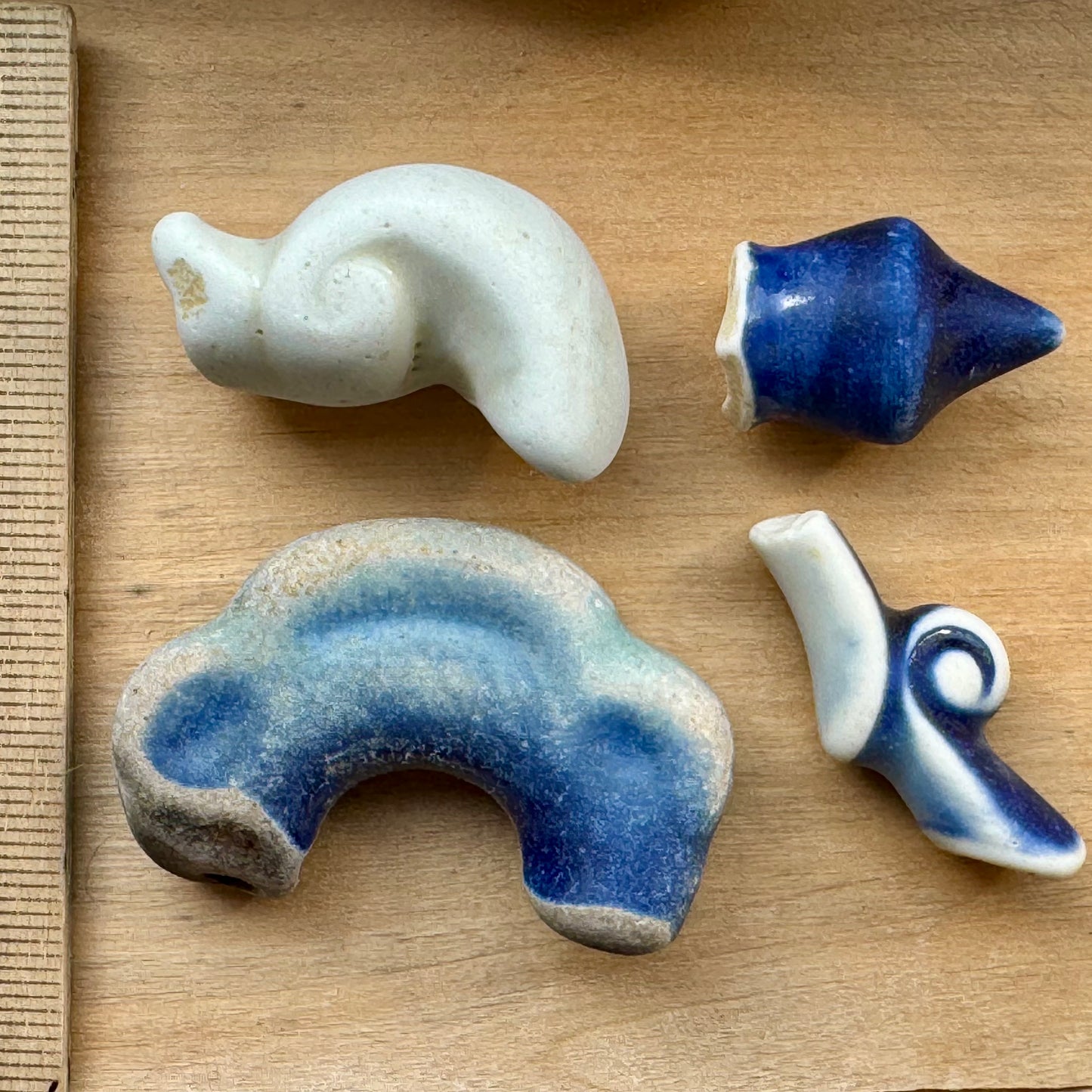 Authentic Japanese Sea Pottery Set #064 – Blue & White Ocean Tumbled Ceramic, Beach Found Pieces, Collector Craft Supply