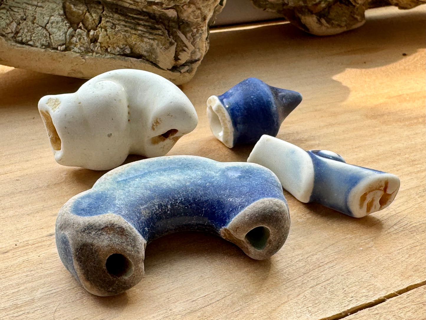 Authentic Japanese Sea Pottery Set #064 – Blue & White Ocean Tumbled Ceramic, Beach Found Pieces, Collector Craft Supply