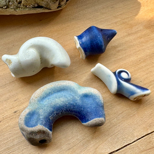 Authentic Japanese Sea Pottery Set #064 – Blue & White Ocean Tumbled Ceramic, Beach Found Pieces, Collector Craft Supply