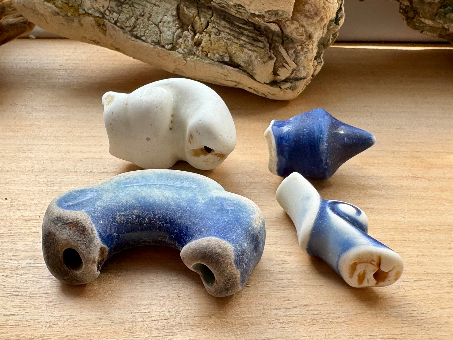 Authentic Japanese Sea Pottery Set #064 – Blue & White Ocean Tumbled Ceramic, Beach Found Pieces, Collector Craft Supply