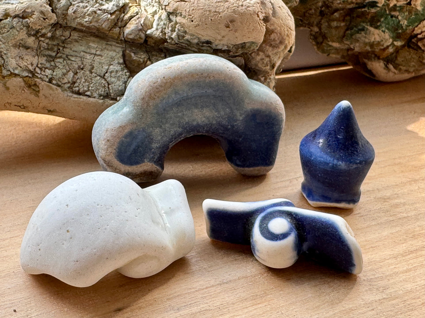 Authentic Japanese Sea Pottery Set #064 – Blue & White Ocean Tumbled Ceramic, Beach Found Pieces, Collector Craft Supply