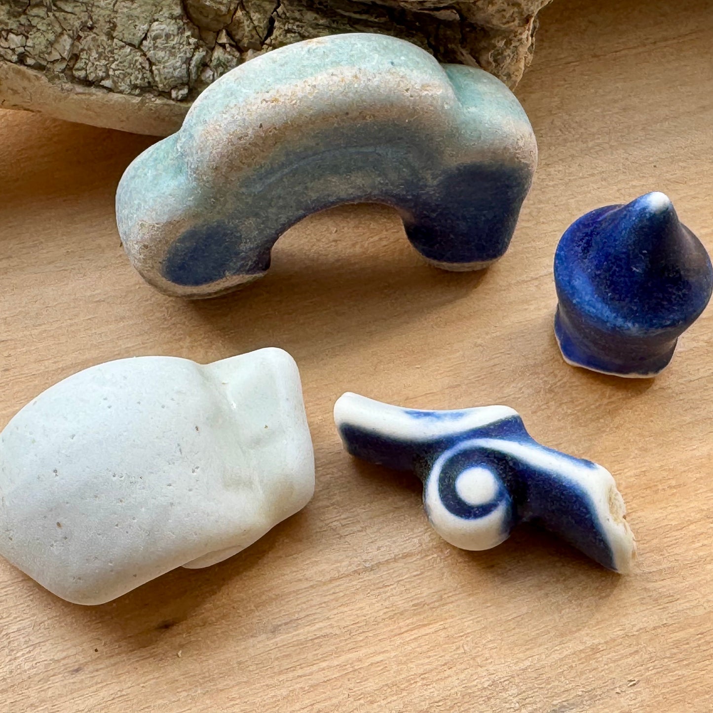 Authentic Japanese Sea Pottery Set #064 – Blue & White Ocean Tumbled Ceramic, Beach Found Pieces, Collector Craft Supply