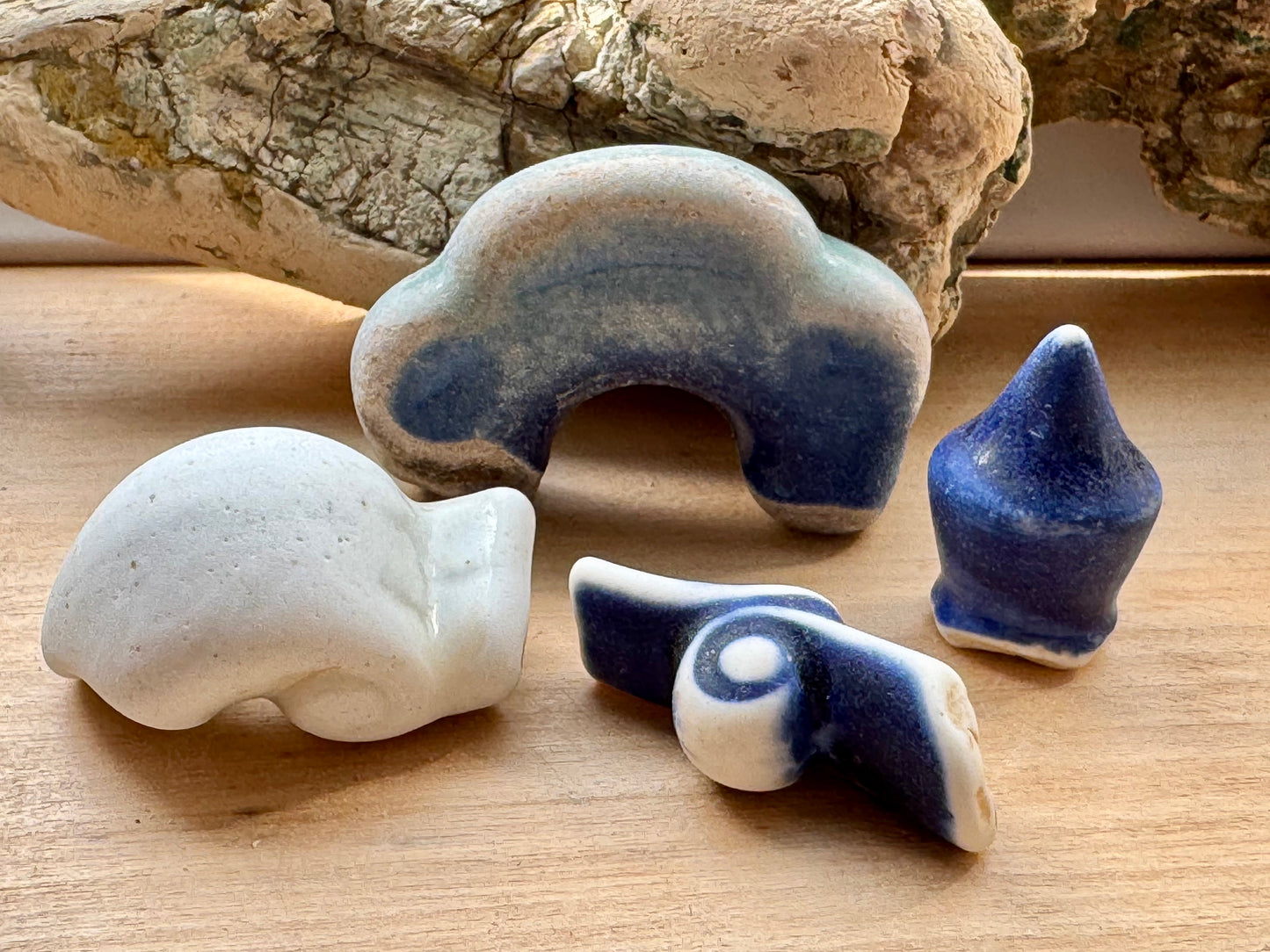 Authentic Japanese Sea Pottery Set #064 – Blue & White Ocean Tumbled Ceramic, Beach Found Pieces, Collector Craft Supply