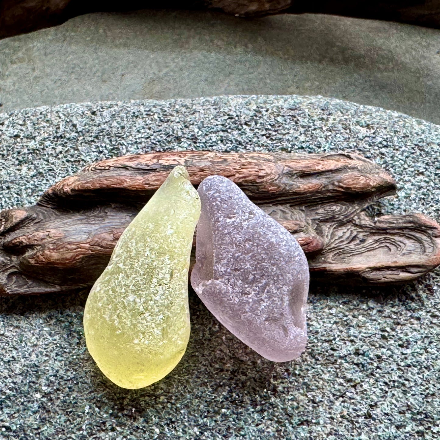 Rare Sea Glass Pair A2595 – Yellow & Lavender Matching Pieces | Genuine Beach Glass