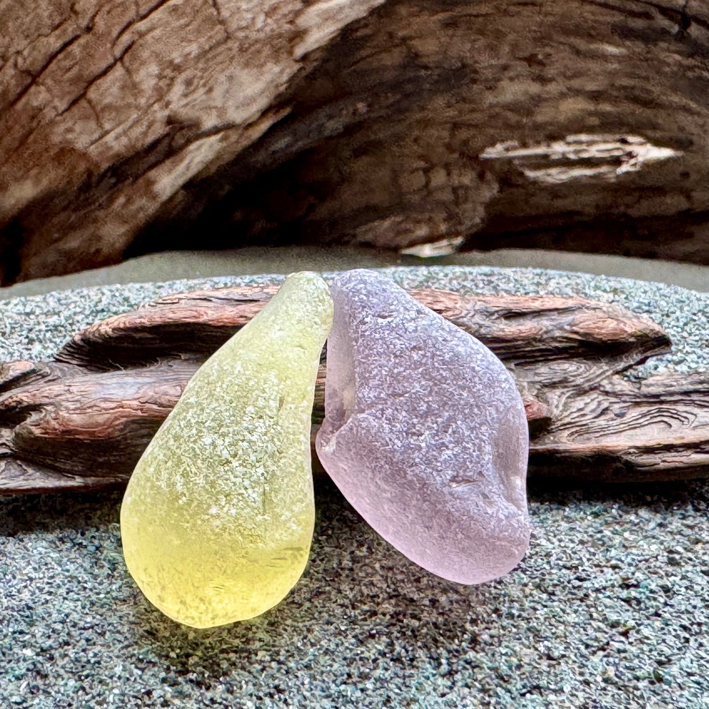 Rare Sea Glass Pair A2595 – Yellow & Lavender Matching Pieces | Genuine Beach Glass