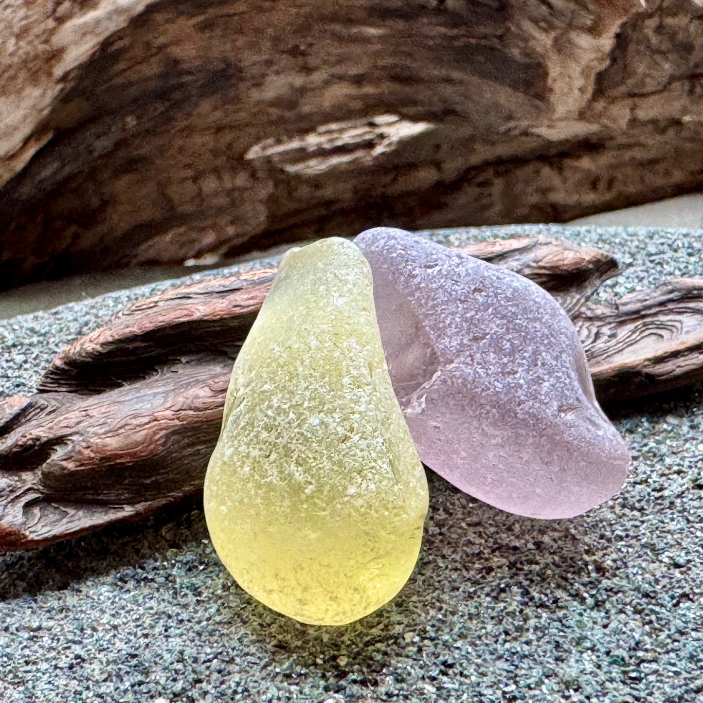 Rare Sea Glass Pair A2595 – Yellow & Lavender Matching Pieces | Genuine Beach Glass