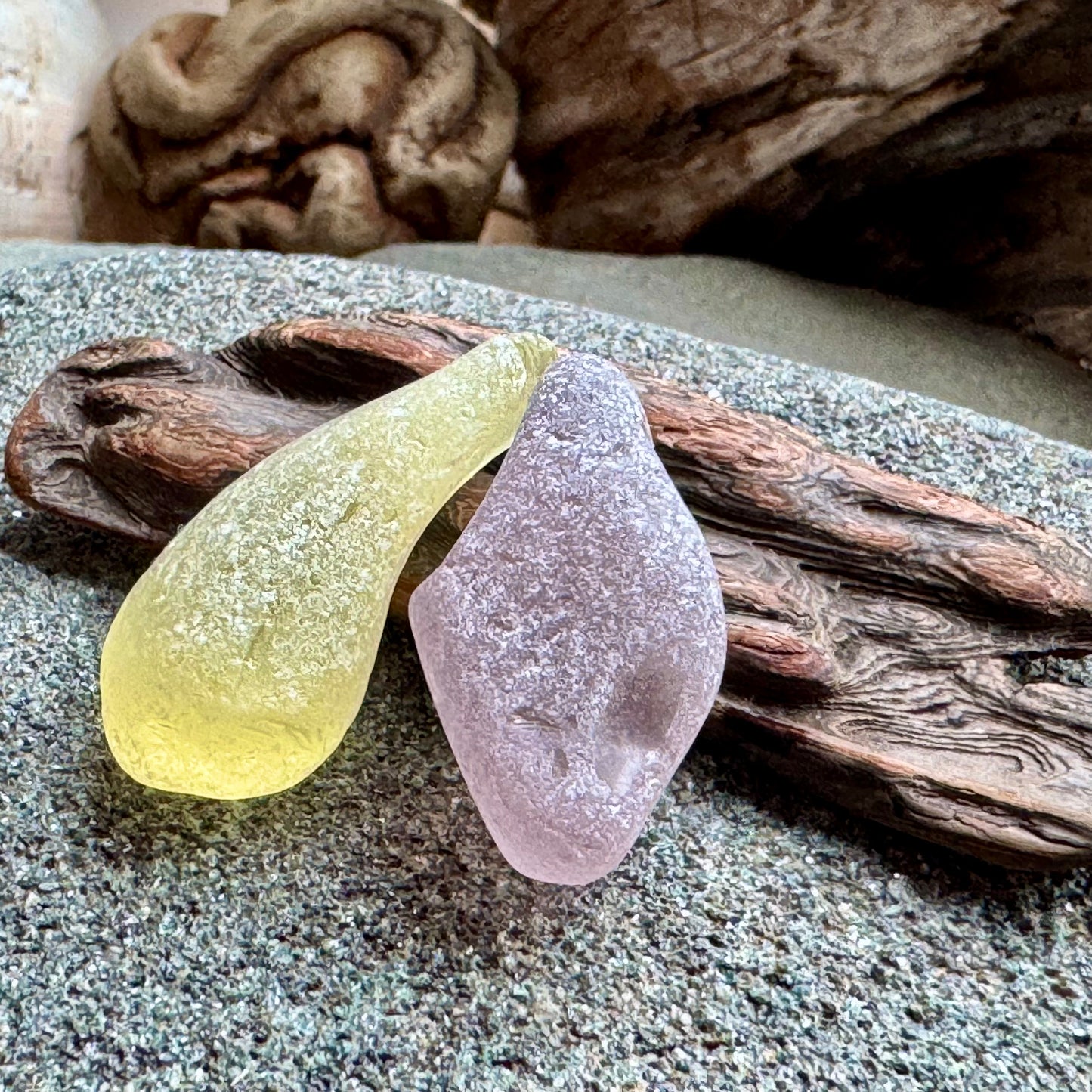 Rare Sea Glass Pair A2595 – Yellow & Lavender Matching Pieces | Genuine Beach Glass