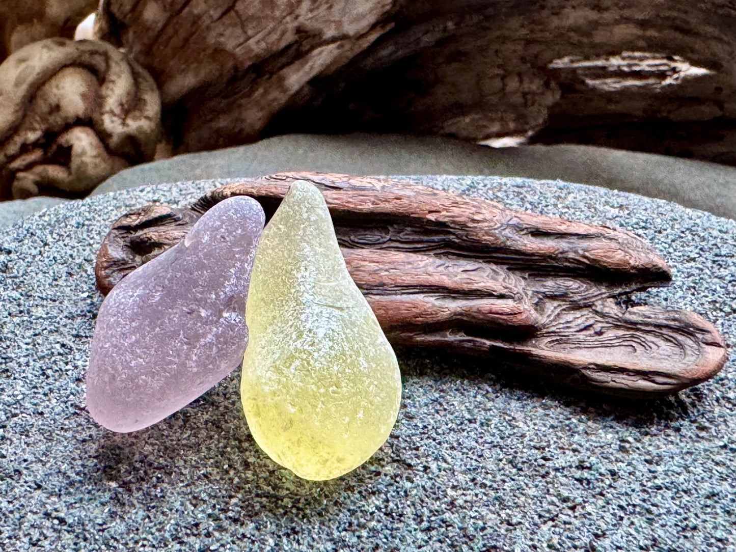 Rare Sea Glass Pair A2595 – Yellow & Lavender Matching Pieces | Genuine Beach Glass