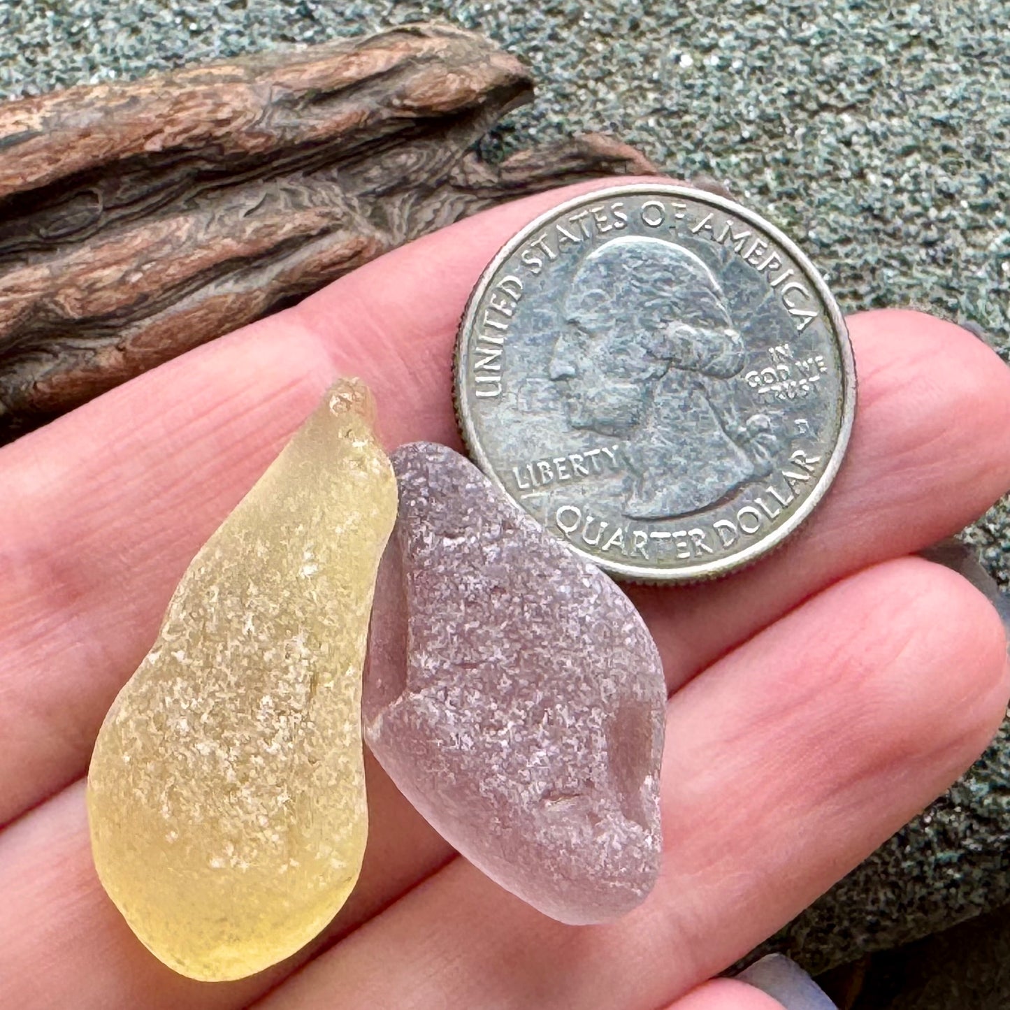 Rare Sea Glass Pair A2595 – Yellow & Lavender Matching Pieces | Genuine Beach Glass