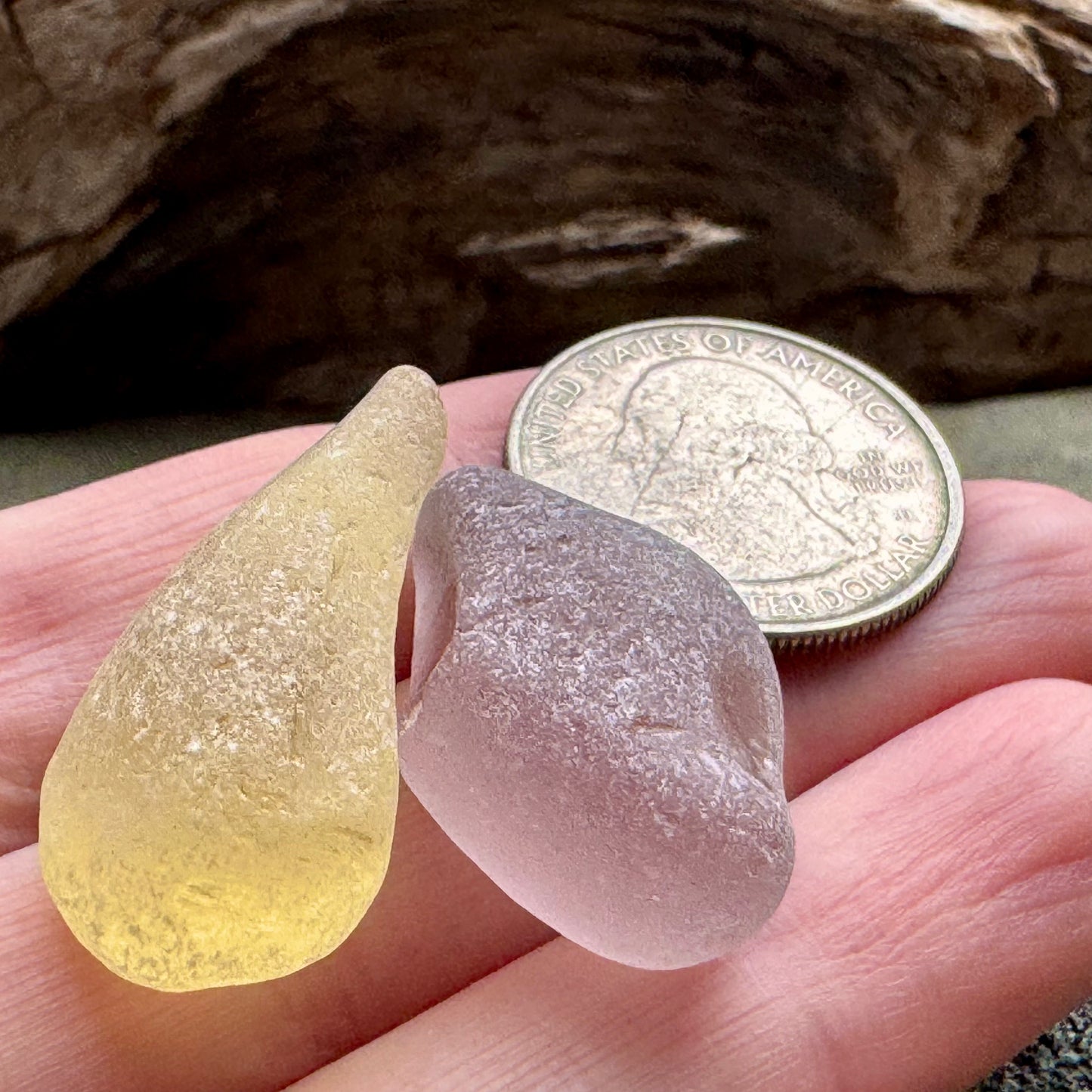 Rare Sea Glass Pair A2595 – Yellow & Lavender Matching Pieces | Genuine Beach Glass
