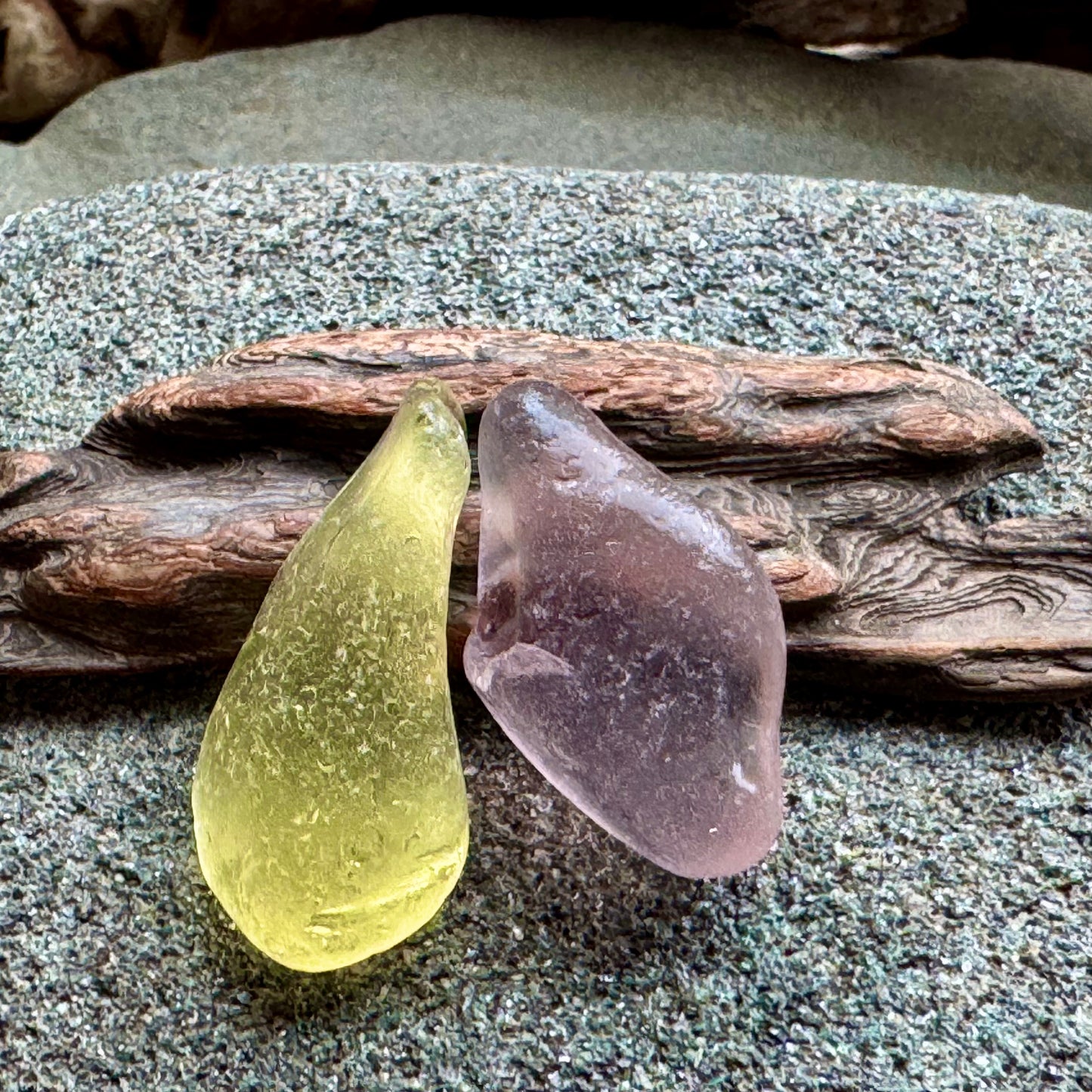 Rare Sea Glass Pair A2595 – Yellow & Lavender Matching Pieces | Genuine Beach Glass