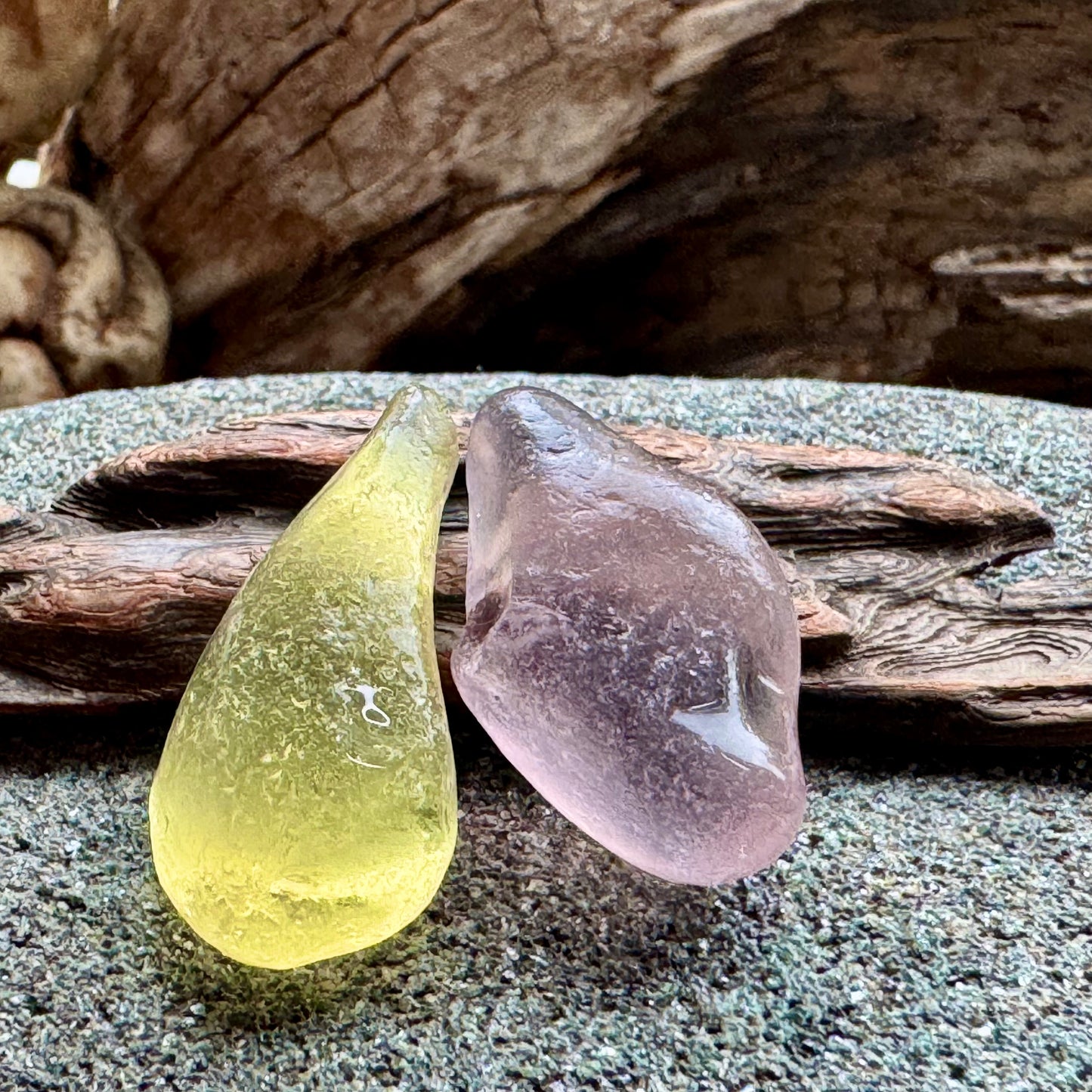 Rare Sea Glass Pair A2595 – Yellow & Lavender Matching Pieces | Genuine Beach Glass