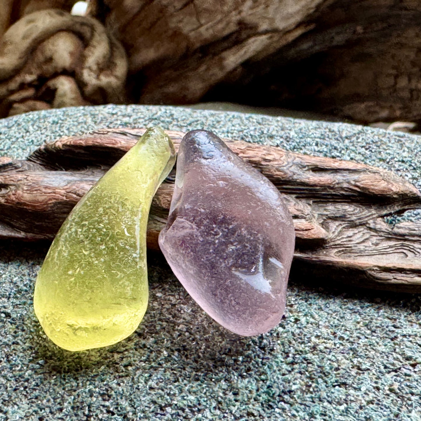 Rare Sea Glass Pair A2595 – Yellow & Lavender Matching Pieces | Genuine Beach Glass