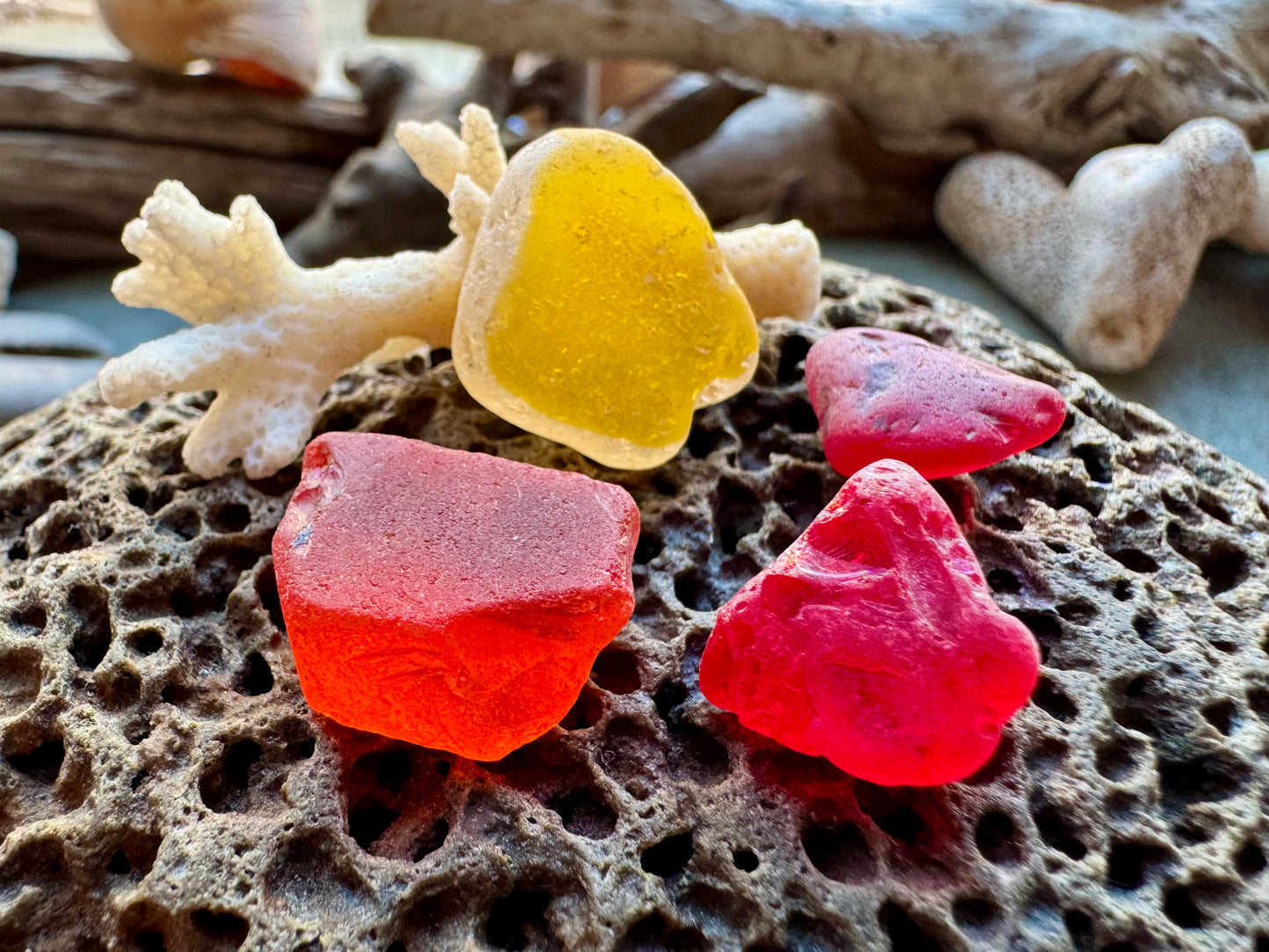 Red & Amber Sea Glass Set B2961 – Genuine Beach Found Sea Glass Pieces for Jewelry Making (4 pcs)