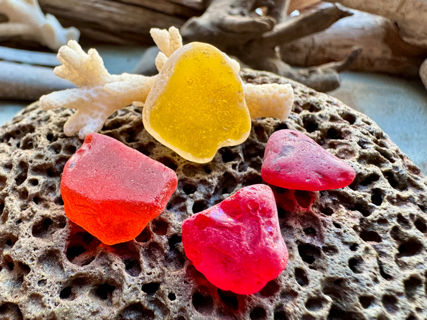 Red & Amber Sea Glass Set B2961 – Genuine Beach Found Sea Glass Pieces for Jewelry Making (4 pcs)