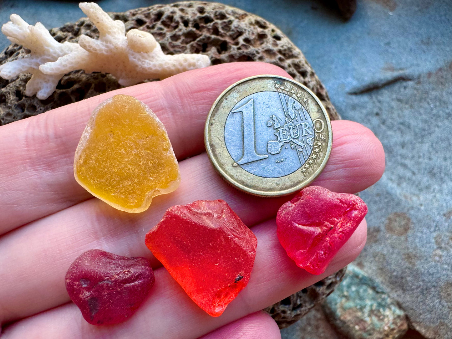 Red & Amber Sea Glass Set B2961 – Genuine Beach Found Sea Glass Pieces for Jewelry Making (4 pcs)