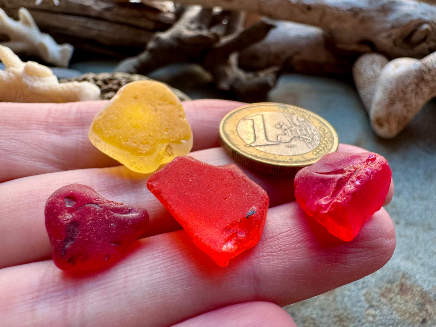 Red & Amber Sea Glass Set B2961 – Genuine Beach Found Sea Glass Pieces for Jewelry Making (4 pcs)