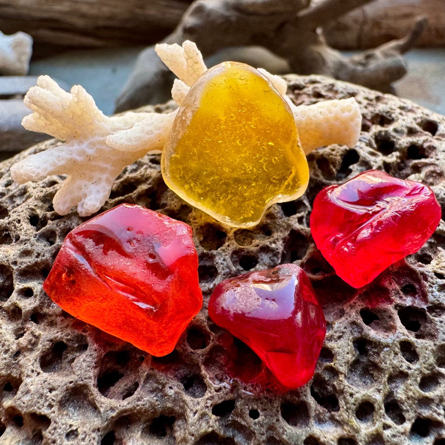 Red & Amber Sea Glass Set B2961 – Genuine Beach Found Sea Glass Pieces for Jewelry Making (4 pcs)