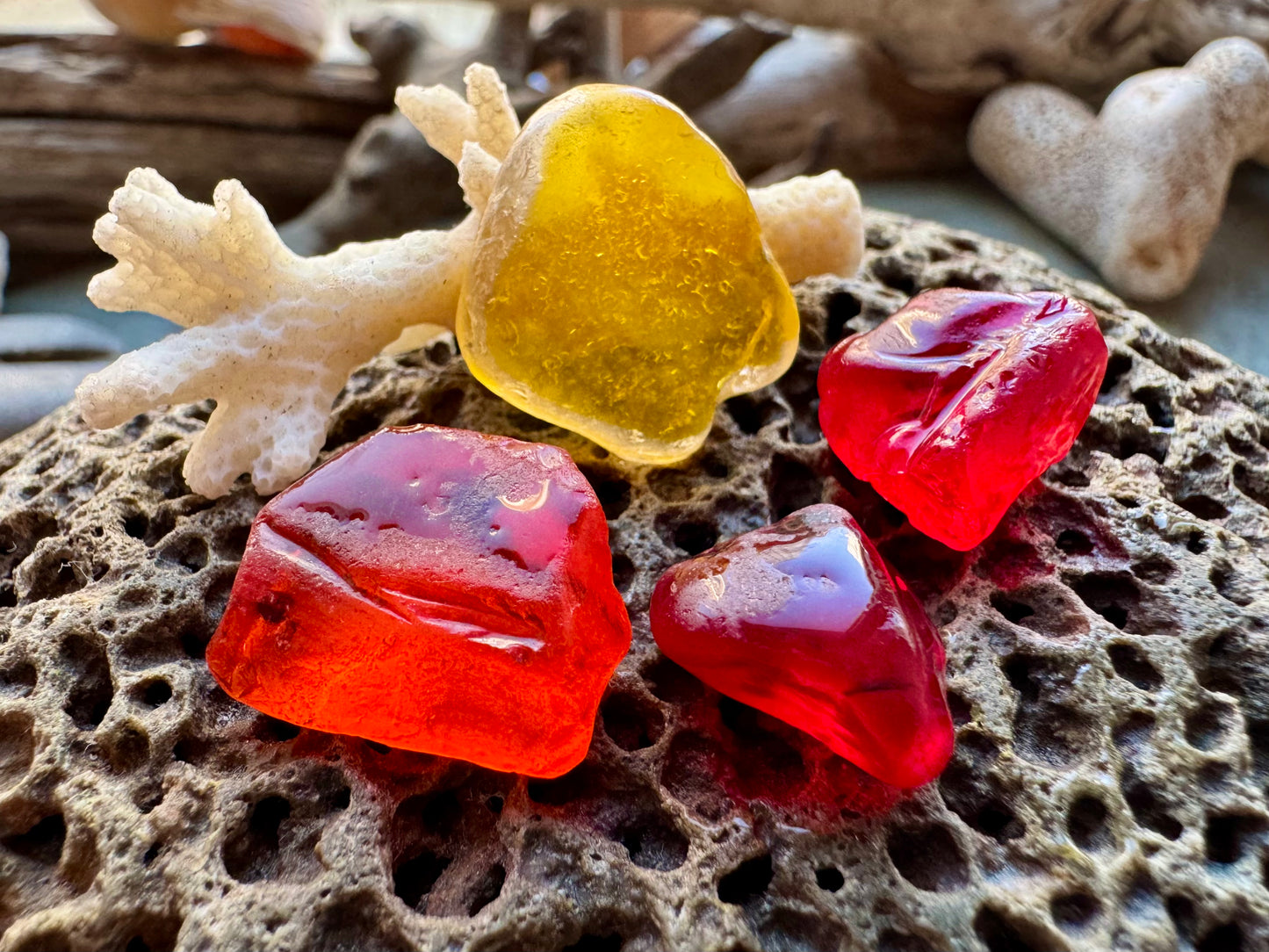 Red & Amber Sea Glass Set B2961 – Genuine Beach Found Sea Glass Pieces for Jewelry Making (4 pcs)