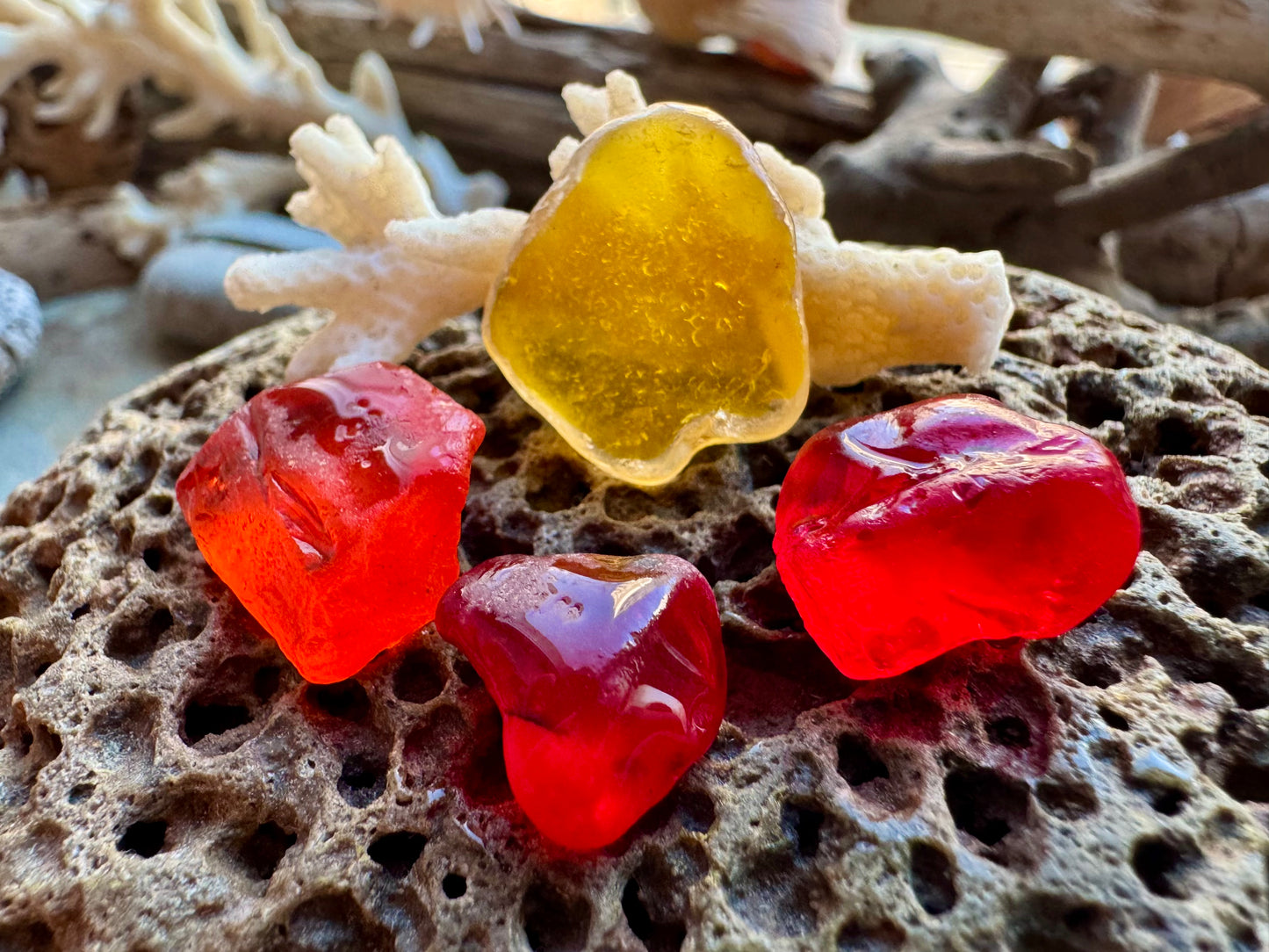 Red & Amber Sea Glass Set B2961 – Genuine Beach Found Sea Glass Pieces for Jewelry Making (4 pcs)