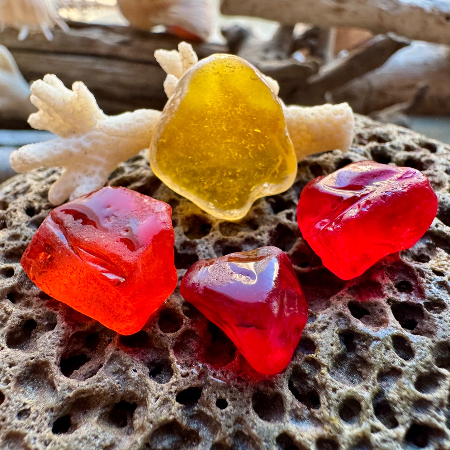 Red & Amber Sea Glass Set B2961 – Genuine Beach Found Sea Glass Pieces for Jewelry Making (4 pcs)