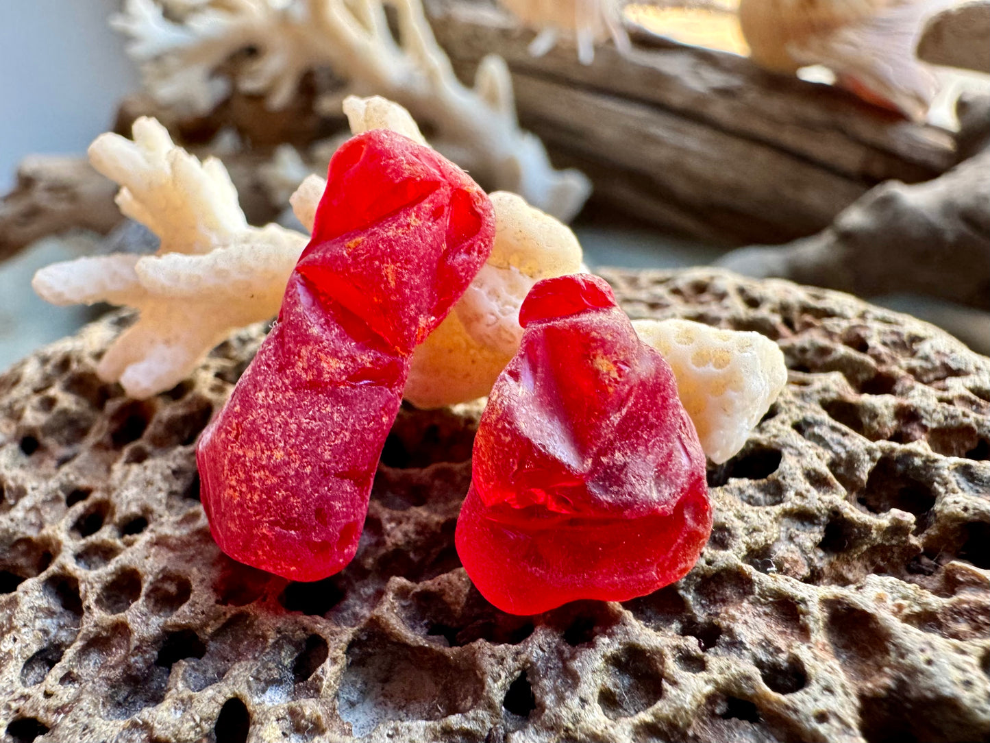 Red Genuine Sea Glass Pair B2963 for Jewelry Making – Rare Ruby Beach Glass Pieces, Pendant Supplies